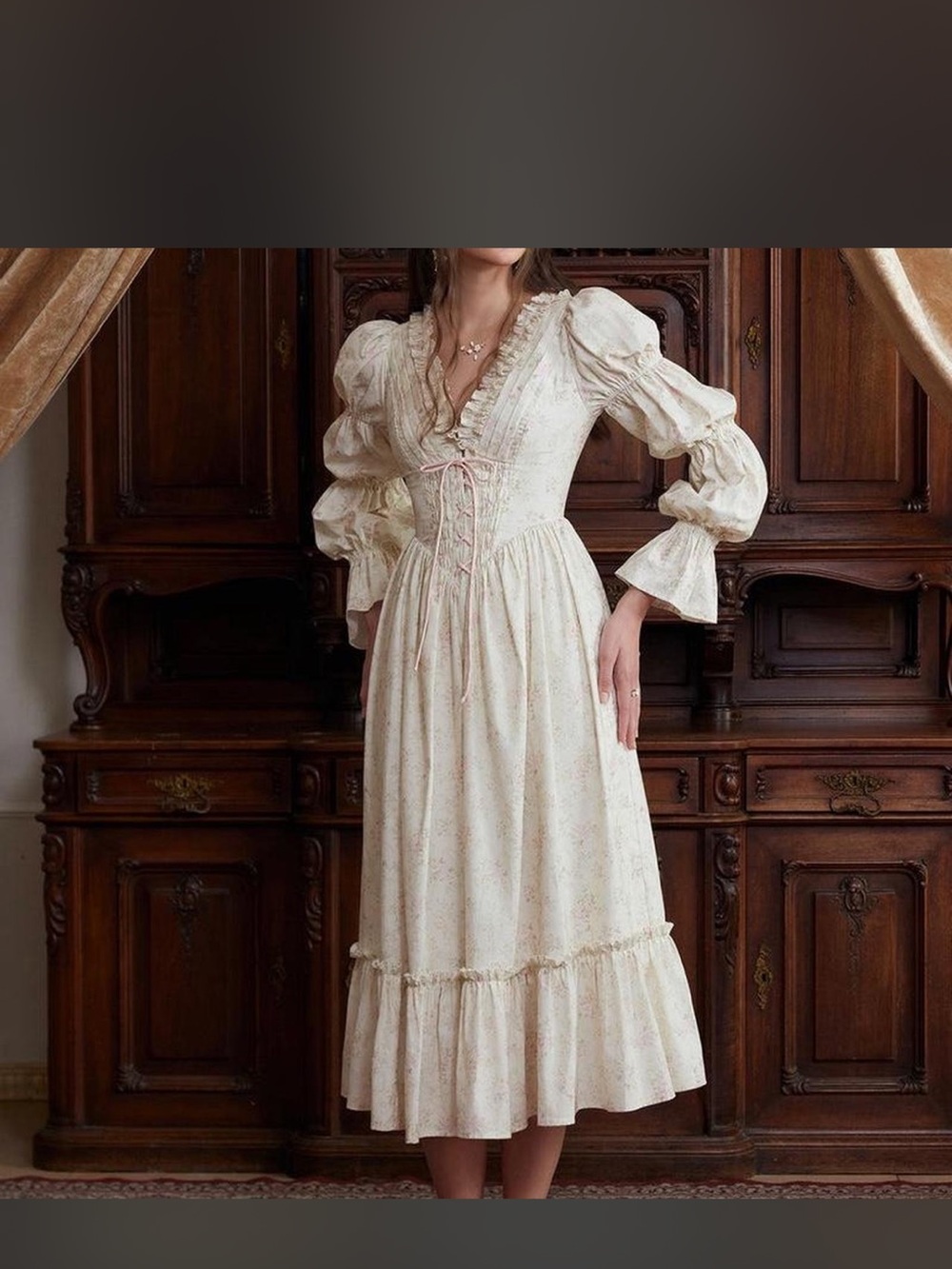 Cream Floral Lace-Up Romantic Chemise with Puff Sleeves - Picture 4 of 7